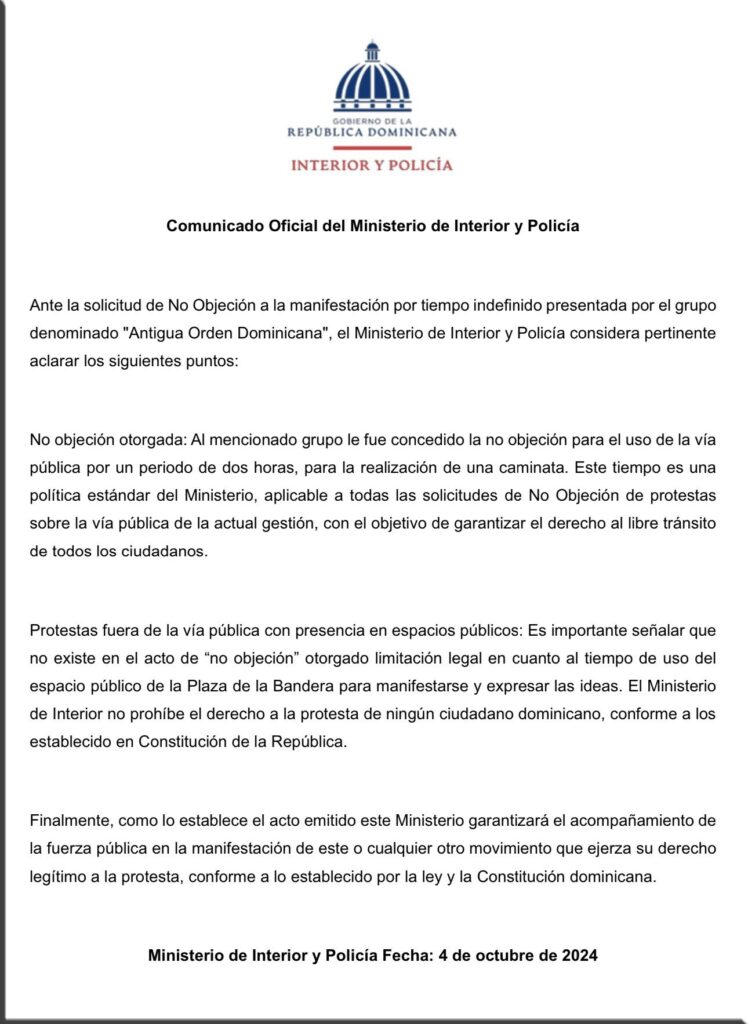 Ministra de Interior y Policía ordena suspender el desmonte de la tarima en la Plaza de la Bandera Comunicado Oficial del Ministerio de Interior y Policía